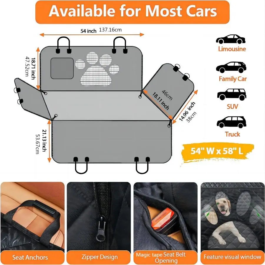 Waterproof Dog Car Seat Cover – Back seat hammock with mesh window, side zipper, and door protection.