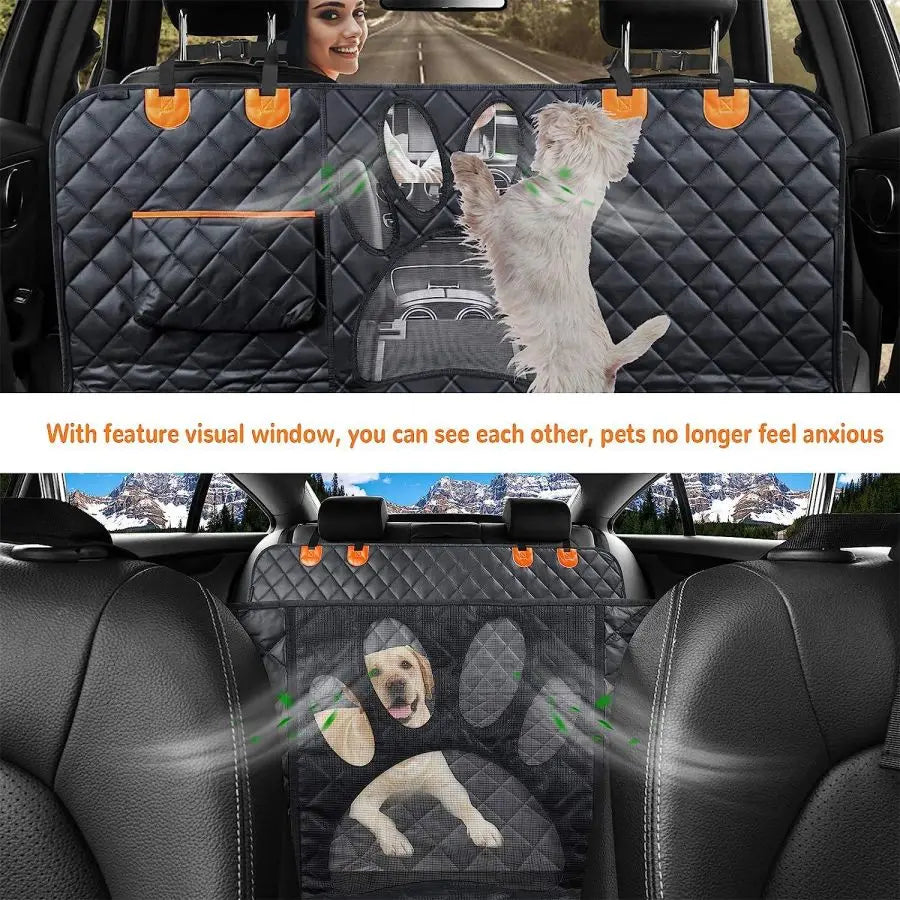 Waterproof Dog Car Seat Cover – Back seat hammock with mesh window, side zipper, and door protection.